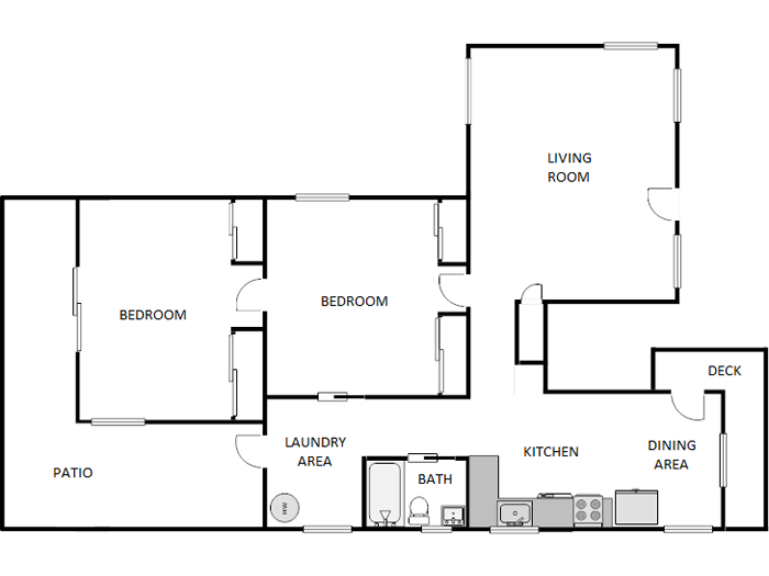 Floor plan for 2 beds, 1 bath, 965 sqft